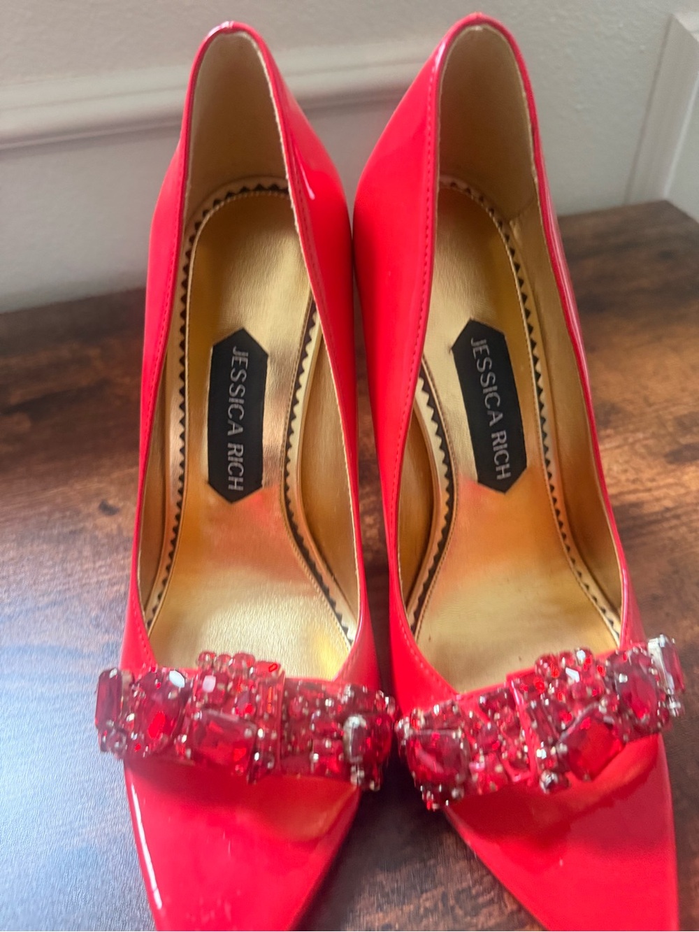 Jessica Rich Red Patent Pointed-Toe Heels with Gem Embellishment - Picture 6 of 6